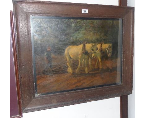 A Ploughing Print in a Wide Oak Frame, 40 x 52cm.q