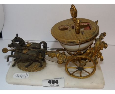An Antique French Sewing Etui, in the form of a horse drawn mother of-pearl 'shell' carriage, white metal and ormolu, on a ma