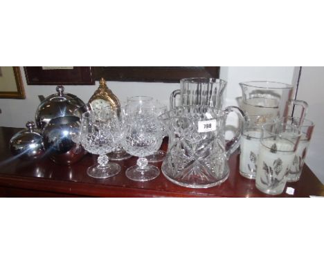 A 12-Cup Cafetiere, Teapot, Milk & Sugar Bowl, along with a modern gilt brass mantel clock, brandy balloons, heavy crystal ju