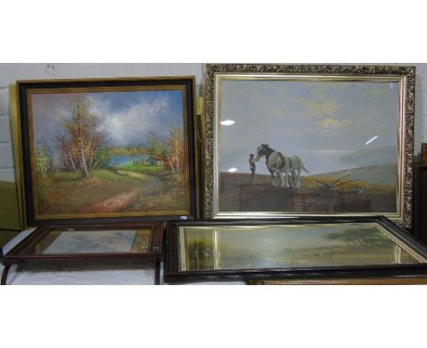 A Large Colour Print after Gerald Coulson - Ploughman & Horses, 54.5 x 73.5cm, along with an oil on canvas by wood depicting 