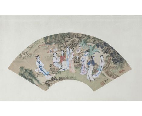 CHINESE SCHOOLCourtesans in a Garden LandscapeGouche on silk fan shaped panel, 45 x 75cm