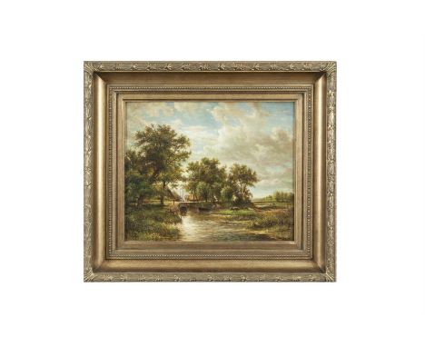 JOHN TURNER (20TH CENTURY)Figures and Boats in a River Landscape with Cattle, EveningOil on panel, 51 x 61cmSigned