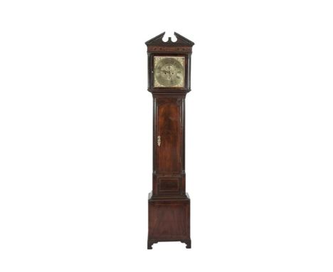 A 19TH CENTURY INLAID MAHOGANY LONGCASE CLOCK with architectural pediment and blind fret frieze, the engraved brass dial flan