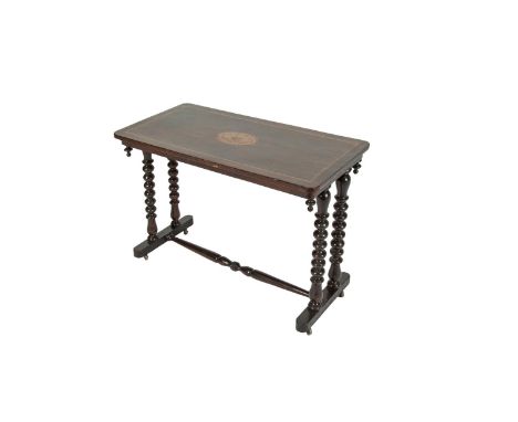 A VICTORIAN ROSEWOOD AND INLAID CENTRE TABLE, with moulded rounded corners, the top inlaid with a paterae, raised on twin bob