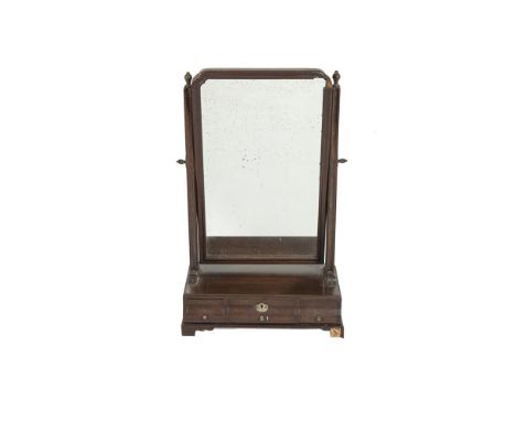A GEORGIAN MAHOGANY CRUTCH FRAME TOILET GLASS, the square side columns supporting a rectangular plate with moulded rim, raise
