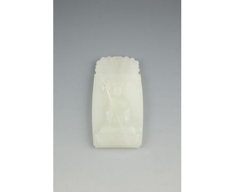 A CHINESE PALE JADE PENDANT, carved in relief with a seated Guanyin and chinese text verso. 8cm high 