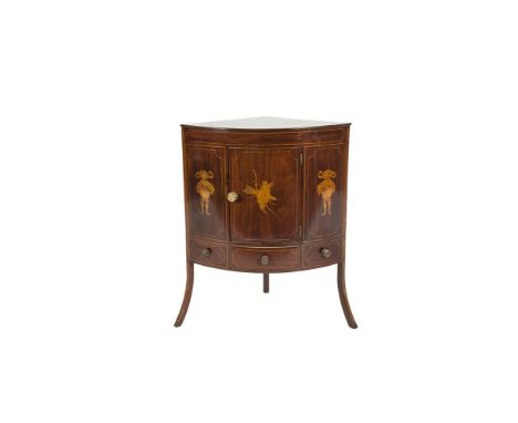 A 19TH CENTURY INLAID MAHOGANY DWARF CORNER CUPBOARD, the top with satinwood cross banding and radial stringing above a curve