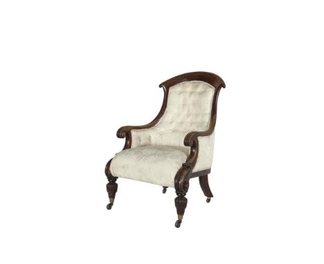 A WILLIAM IV MAHOGANY FRAMED UPHOLSTERED ARMCHAIR with curved exposed frame, the button back and seat covered in ivory damask