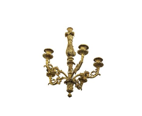 A FRENCH CAST BRASS FIVE LIGHT CHANDELIER, 19TH CENTURY, decorated with lion mask and foliate motifs (externally electrified)