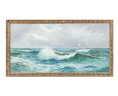DANIEL SHERRIN (1868-1940)Extensive seascape, with rollers breakingOil on canvas, 51 x 101.5cmSigned