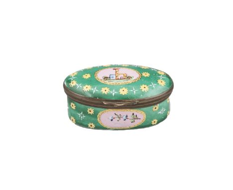 A GEORGE III STAFFORDSHIRE ENAMEL PATCH BOX, C.1800, of oval form with hinged cover decorated with a landscape within oval re