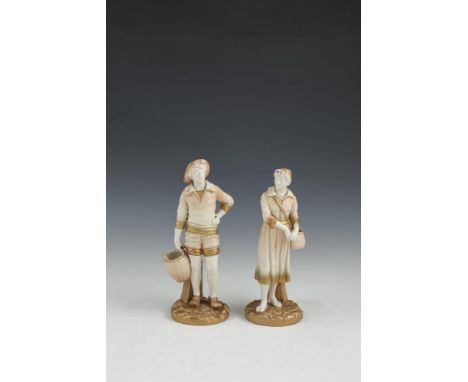 A PAIR OF ROYAL WORCESTER PORCELAIN FIGURES, of a standing male and female each carrying baskets, decorated in cream, green a