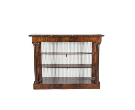 A VICTORIAN MAHOGANY RECTANGULAR CONSOLE TABLE, the top with leaf carved spiral reeded border, raised on ionic style columns,