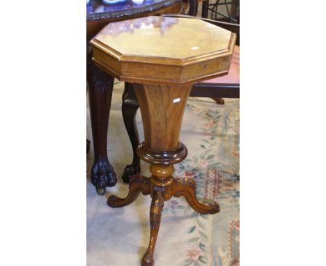 Victorian octagonal walnut work table fitted interior with a mirror and silk lined compartments on tripod base