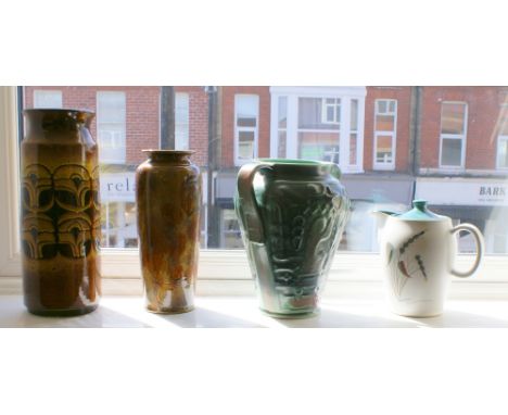 Charlotte Rhead two handled Egyptian pottery vase, Royal Doulton leaf pattern vase, Poole Pottery vase and a Denby Green Whea