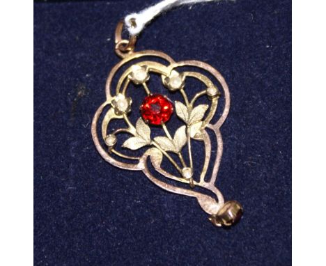 9 ct gold, pearl and red stone pendant