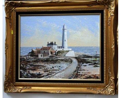 Modern palette knife oil painting on board - St Mary's Lighthouse by Dallas K Taylor 1986. 39.5 x 49.5 cm