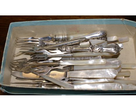 Collection of 33 silver and mother-of-pearl forks, three silver and mother of pearl tea knives, four filled silver forks and 