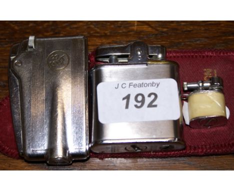 Miniature cigarette lighter by Evanus, Japan and two Ronson lighters circa 1940-50
