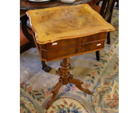 Victorian ladies mahogany and walnut work table with fitted interior and a drawer on tripod base