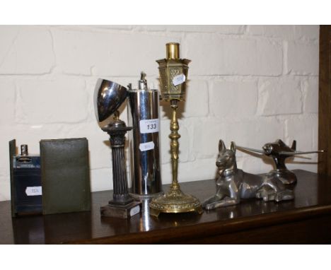 Table lighter in the form of a book and five others - lamp post. Aeroplane, Alsatian dog, shell case and Corinthian column