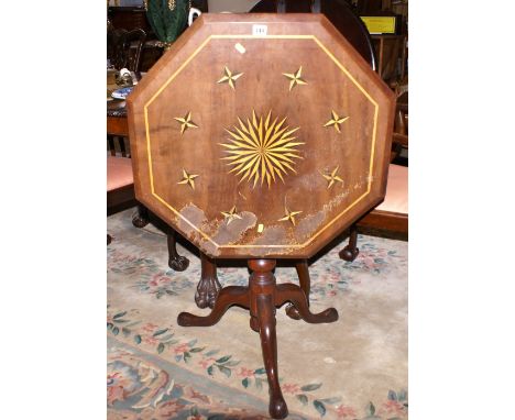 Victorian octagonal mahogany tilt top tea table with geometric inlaid decoration on tripod base