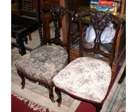 A pair Victorian carved mahogany bedroom chairs with tapestry cushions
