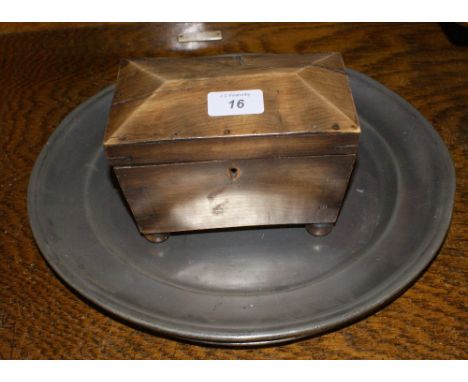 Antique wooden tea caddy and two pewter plates