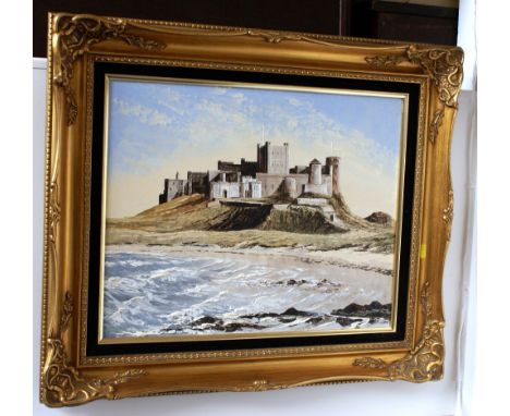Modern palette knife oil painting on board - Bamburgh Castle by Dallas K Taylor 1986. 39.5 x 49.5 cm