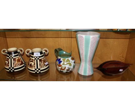 1930s pottery jug by Gouda Holland, pair of two-handled Art Deco Portuguese vases, 1950s Poole Pottery vase and Murano glass 