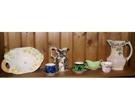 Clarice Cliff dish with raised floral pattern two Maling cups and saucers, a single cup, Maling jug, Mason's Applique jug and