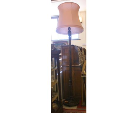 Fluted mahogany standard lamp with pink shade