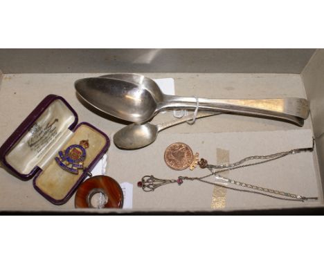 Two Georgian silver serving spoons, one teaspoon, a 9 ct gold fob pendant on silver chain, Art Nouveau pendant and chain, Sco