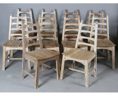A set of ten early 20th century Arts and Crafts style oak framed ladder back dining chairs with slatted seats, height 90cm, w
