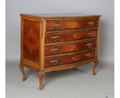 A 20th century French walnut chest of four drawers, on carved cabriole legs, height 90cm, width 108cm, depth 48cm.Buyer’s Pre