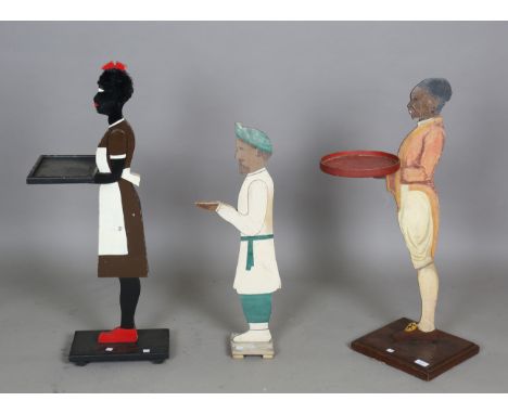 A 20th century polychrome painted wooden visiting card stand, modelled as a butler, height 82cm, and two further similar stan
