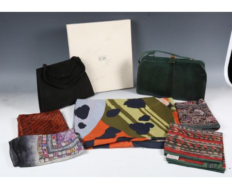 A selection of mainly 20th century designer silk shawls and handkerchiefs, a Christian Dior black handbag, boxed, a Mappin &a