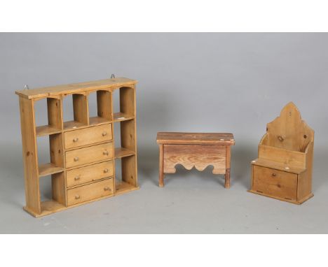 A 20th century pine wall shelf with four central drawers, height 60cm, width 62cm, depth 14cm, together with an early 20th ce