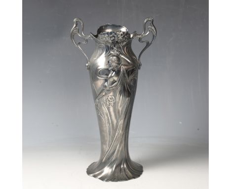 An Art Nouveau WMF pewter vase, the elongated ovoid body cast in high relief with maidens to both sides, height 36cm (lacking