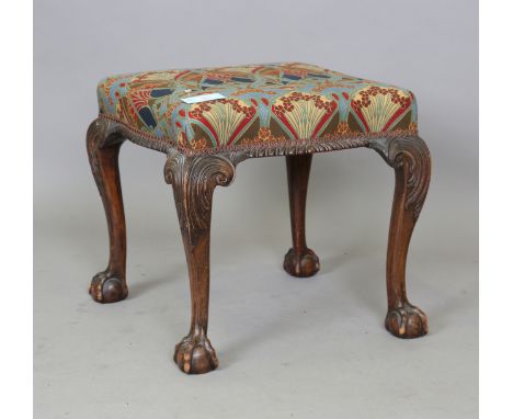 An early 20th century George III style mahogany stool with carved acanthus leaf cabriole legs, height 46cm, width 49cm, depth