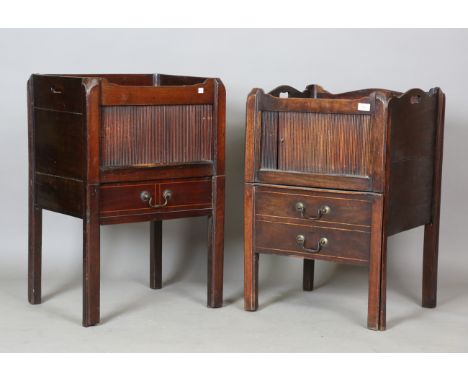Two George III mahogany night cupboards, the galleried tops above tambour doors and drawers, on chamfer block legs, both appr