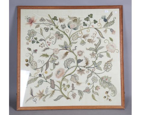 A large Arts and Crafts crewel work panel, finely worked in coloured wools with flowering and fruiting stems, 112cm x 115cm, 