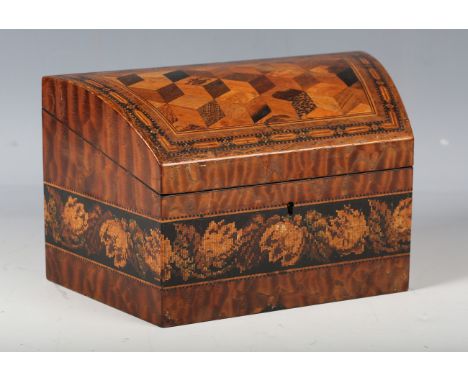 A Victorian Tunbridge ware letterbox of canted rectangular form by Edmund Nye, the domed lid above a band of mosaic geometric