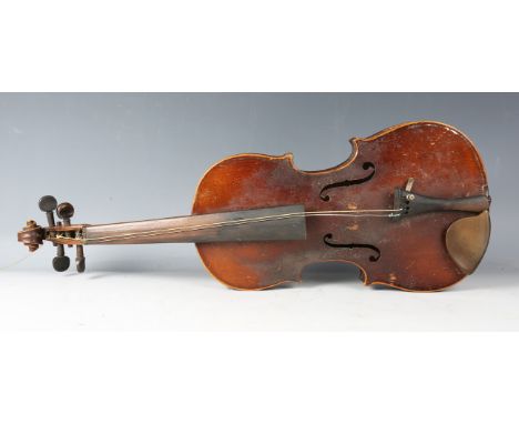 A violin, the two-piece back stamped 'Amati', length of back excluding button 36.4cm, cased with two bows.Buyer’s Premium 29.