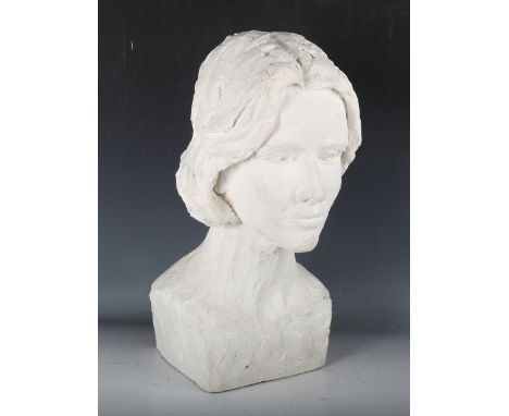 A late 20th century white painted composite bust of a young woman, unsigned, height 54cm, together with another female seated