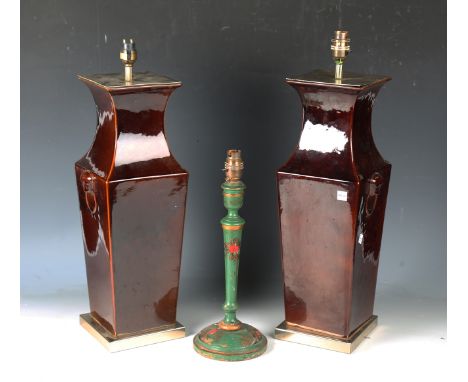 A pair of late 20th century Chinese style aubergine glazed porcelain table lamps, height 53cm, together with a green chinoise