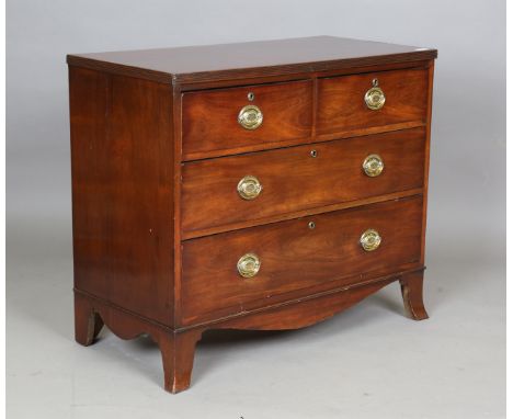 A late George III mahogany chest of drawers with polished brass handles, height 80cm, width 93cm, depth 45cm.Buyer’s Premium 