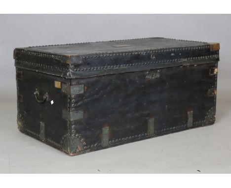 A George III studded black leather-covered camphor trunk, the lid bearing plaque inscribed 'Mr J. Evans No. 2', the interior 