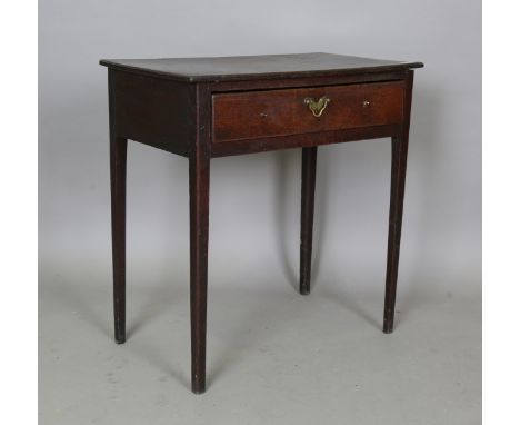 A George III provincial oak side table, the single-piece top above a single drawer, height 71cm, width 68.5cm, depth 39cm.Buy