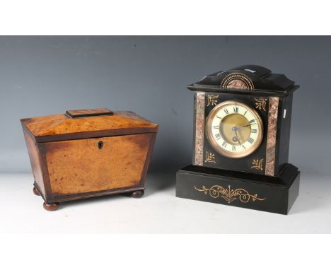 A Victorian pollard oak and mahogany banded sarcophagus tea caddy, width 25cm, together with a late Victorian slate mantel cl